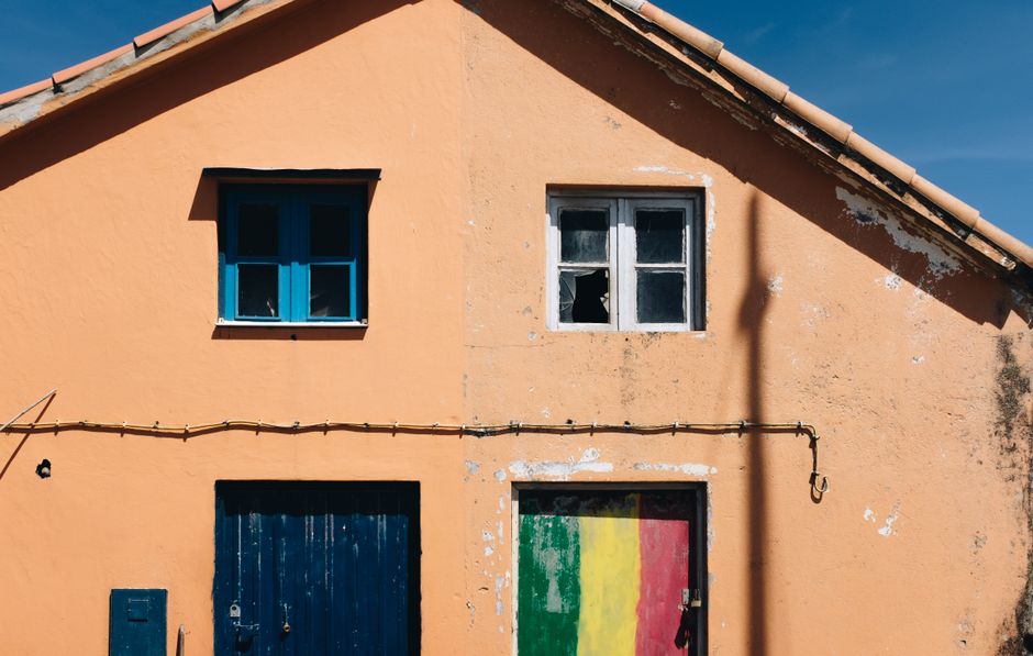 Exterior wall and trim of a painted home under a clear sky